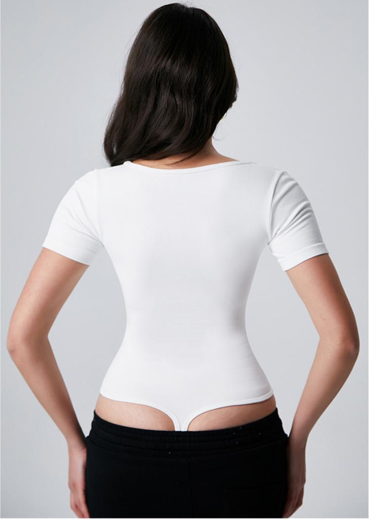 Lila Zen Square Neckline Fitted Waist Slim Fit Seamless Short Sleeve Thong Shapewear Jumpsuit for Women