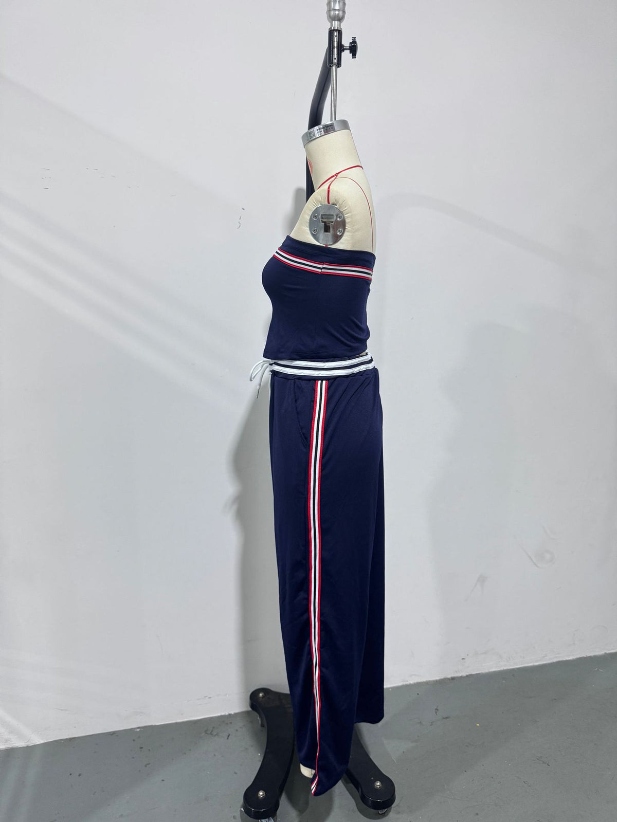Retro-Sporty Striped-Trim Navy Cotton Off-Shoulder Jumpsuit