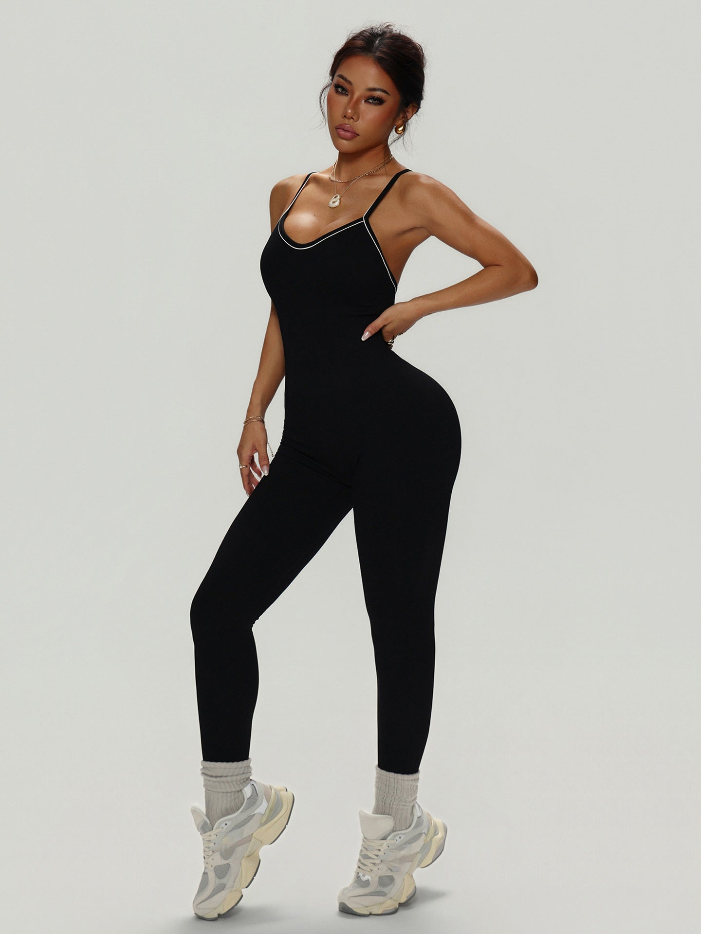 Lila Zen V Lila Zen Color-Blocked Deep V-Waist Beautiful Back Sports Bodysuit Yoga Suit