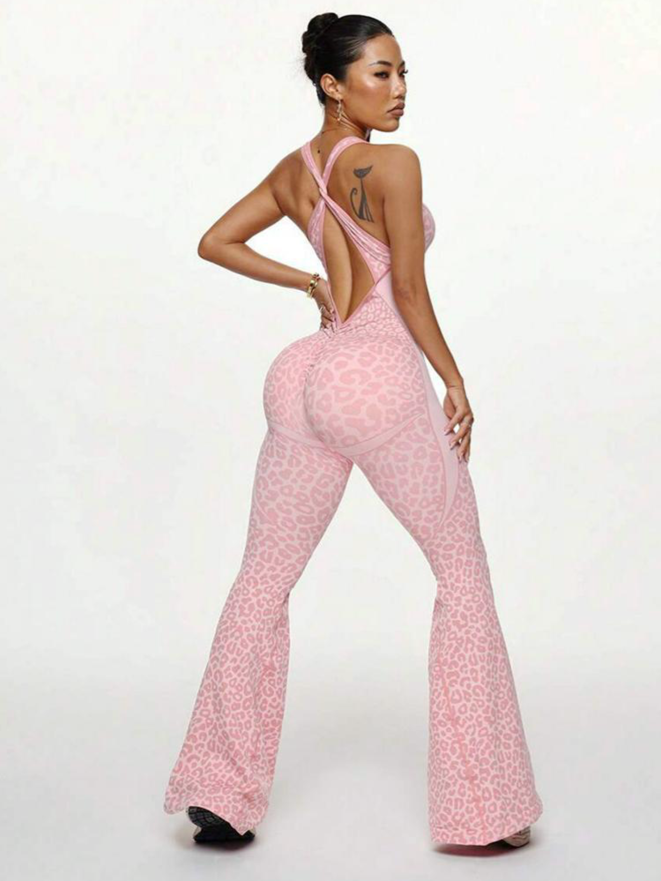 Lila Zen Leopard Print Crossback Flared Yoga Jumpsuit