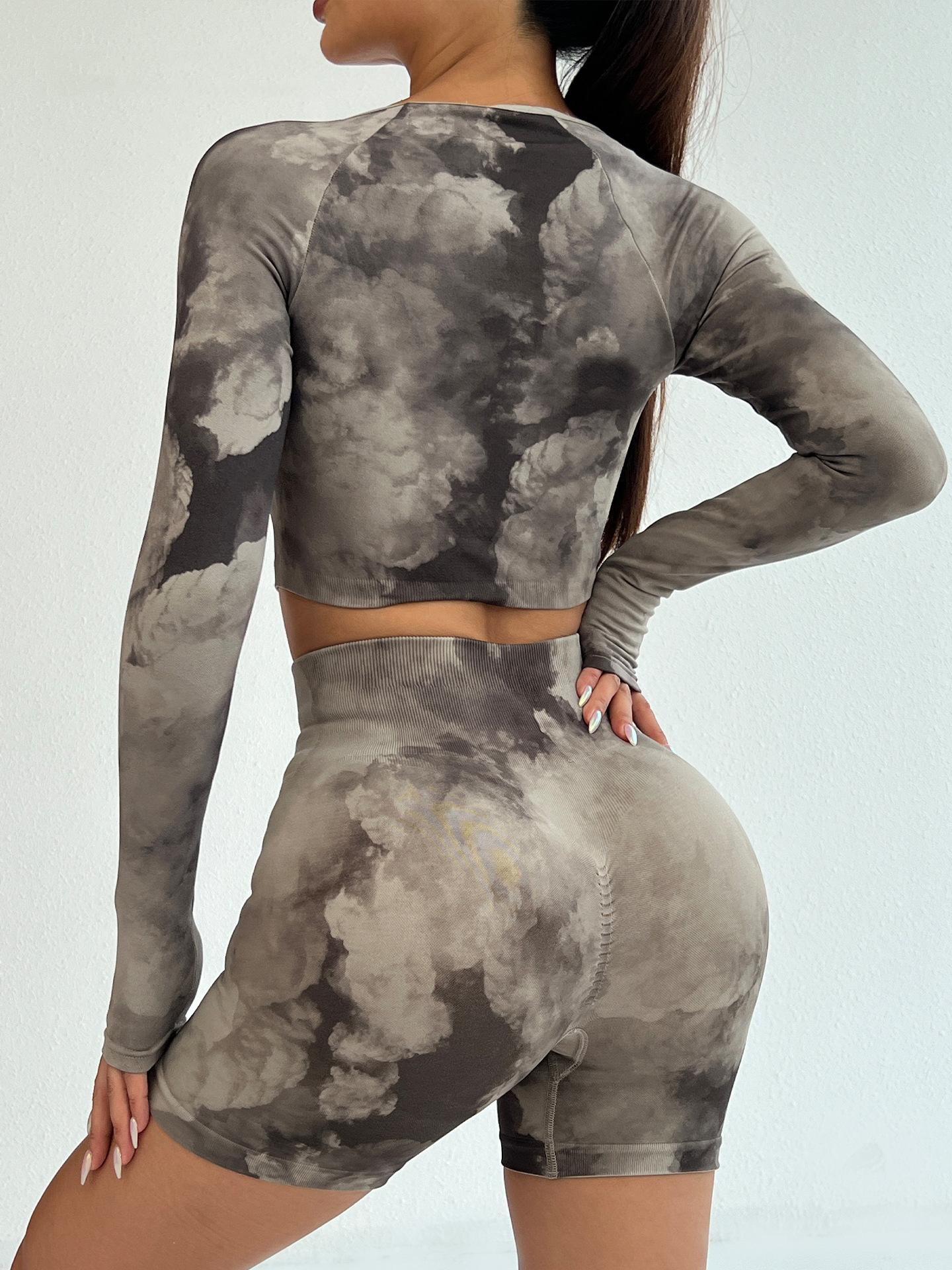 Lila Zen 3D Tie-Dye Square Neck Long Sleeve Slim Waist Hip-Lifting Shorts Sports Fitness Yoga Set