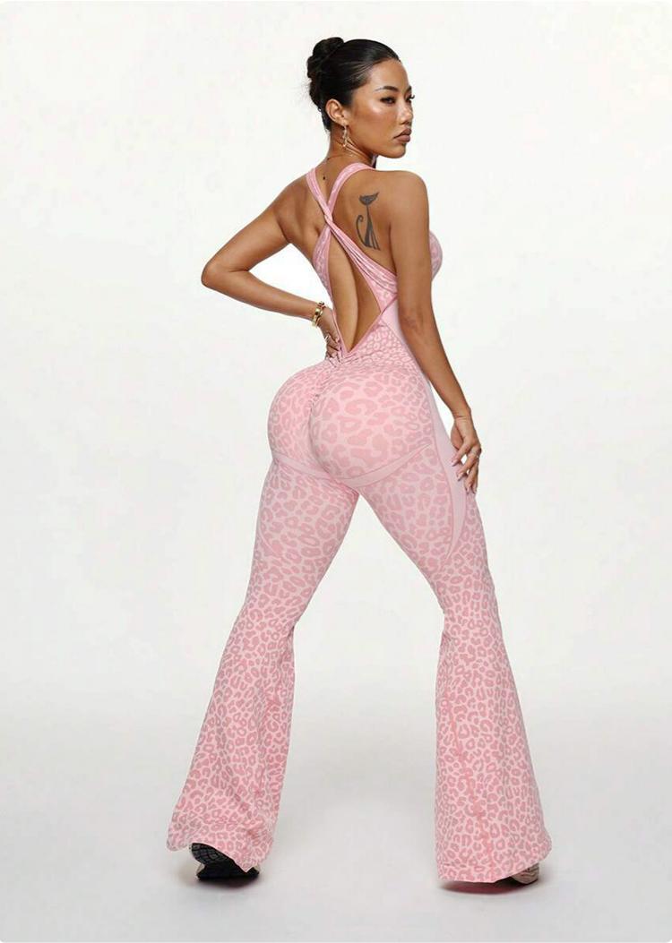 Lila Zen Leopard Print Crossback Flared Jumpsuit Yoga Pants