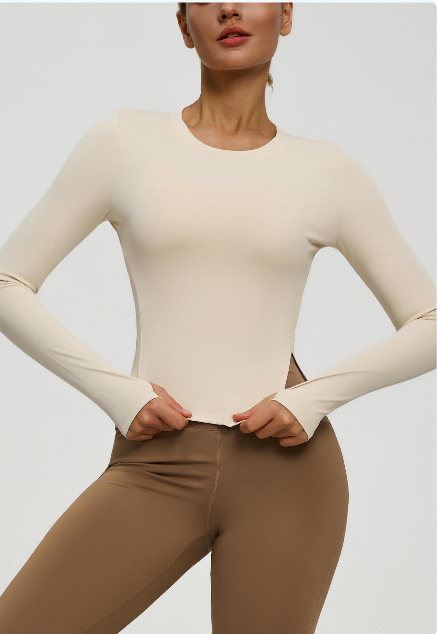 Lila Zen Round Neck Slim Fit Long Sleeve Yoga Top with Slit Hem