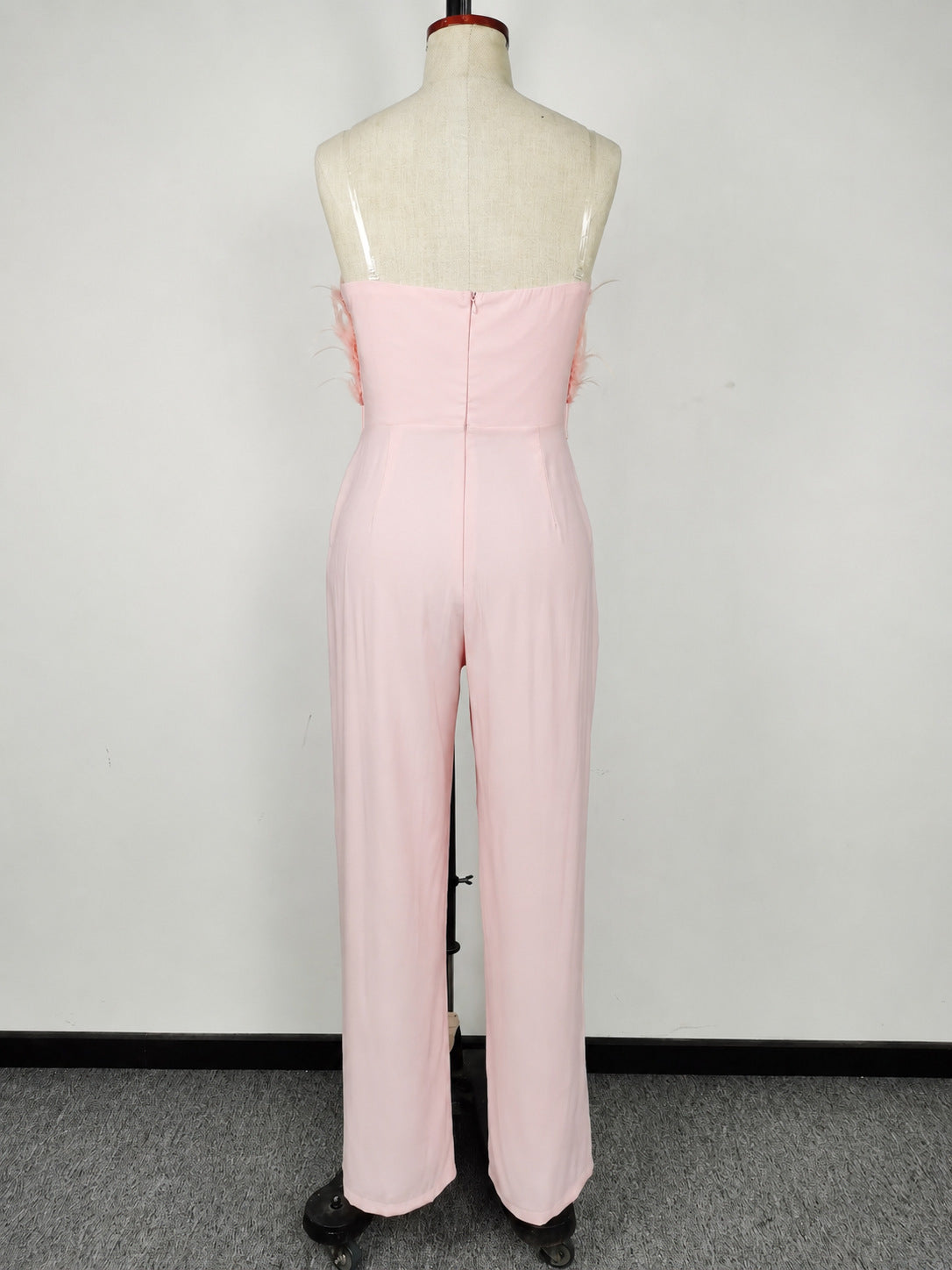 Feather Trim Sleeveless Slim Jumpsuit