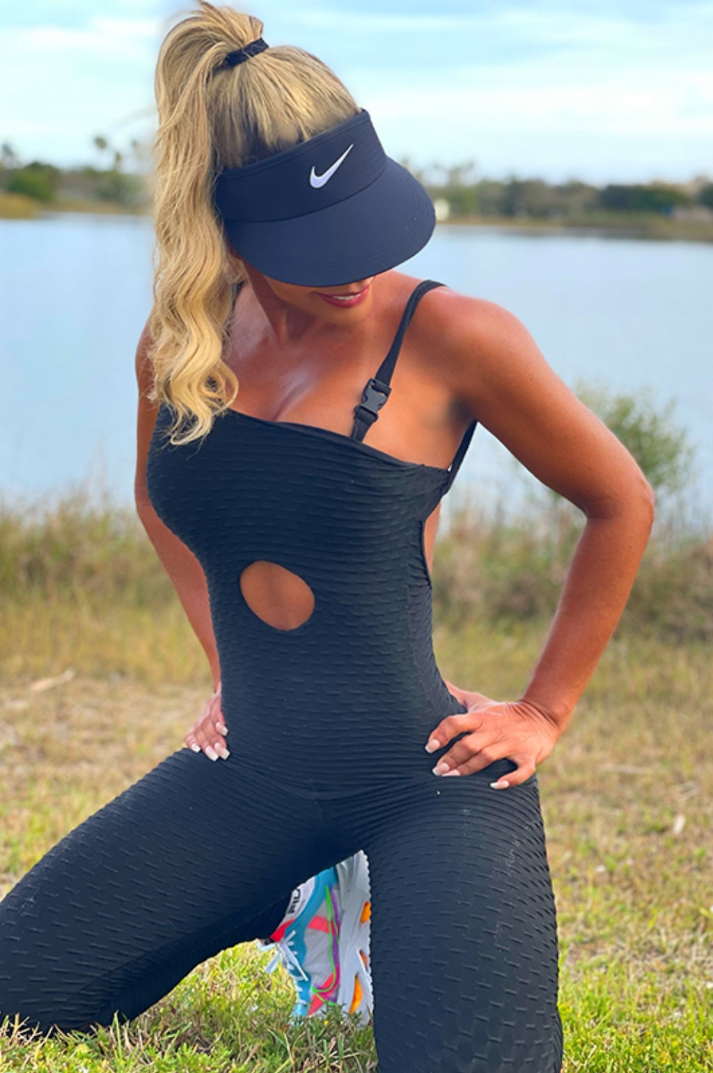 Textured Cutout Open-Back Active Jumpsuit