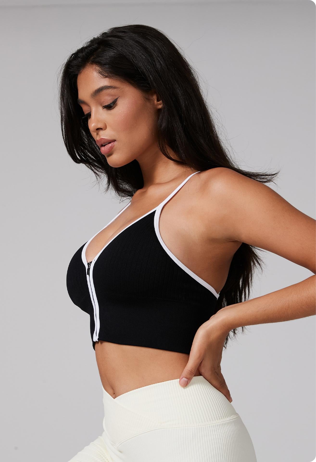 Lila Zen V Lila Zen Front Zipper Color Block Deep V Yoga Fitness Bra