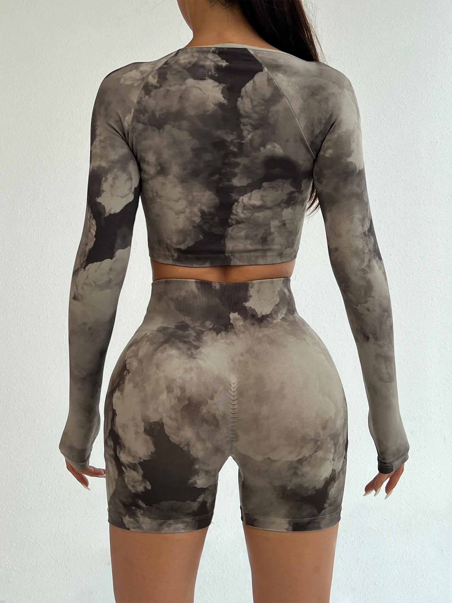 Lila Zen 3D Tie-Dye Square Neck Long Sleeve Slim Waist Hip-Lifting Shorts Sports Fitness Yoga Set