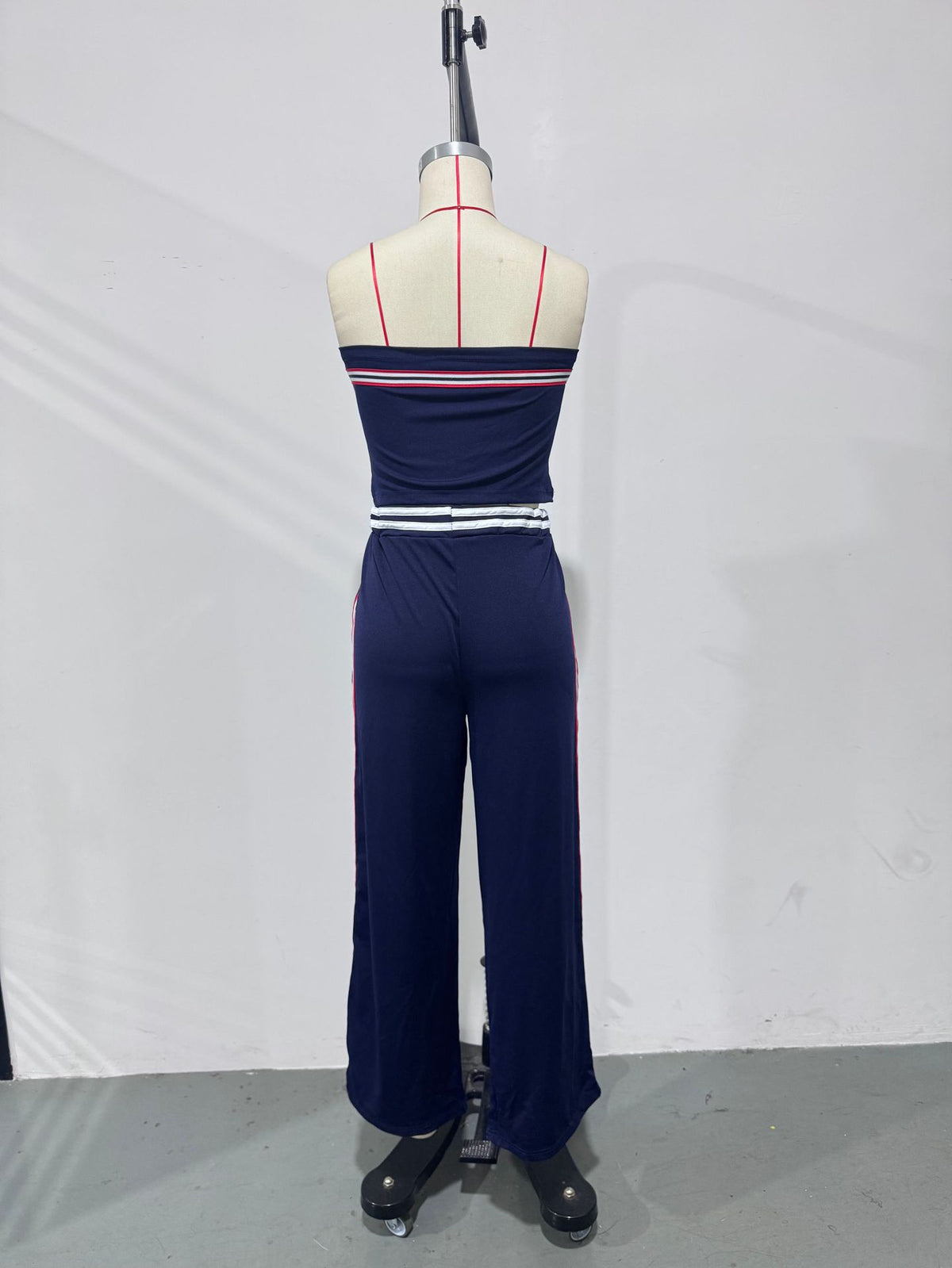 Retro-Sporty Striped-Trim Navy Cotton Off-Shoulder Jumpsuit