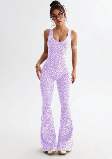 Lila Zen Leopard Print Crossback Flared Jumpsuit Yoga Pants