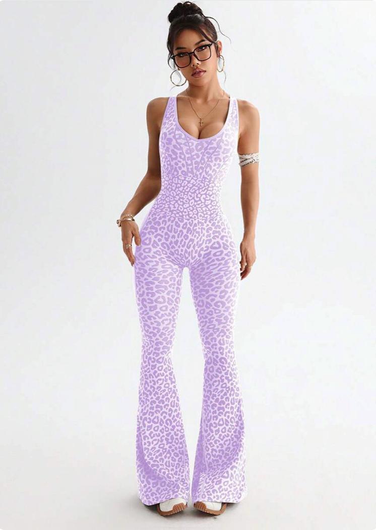 Lila Zen Leopard Print Crossback Flared Jumpsuit Yoga Pants
