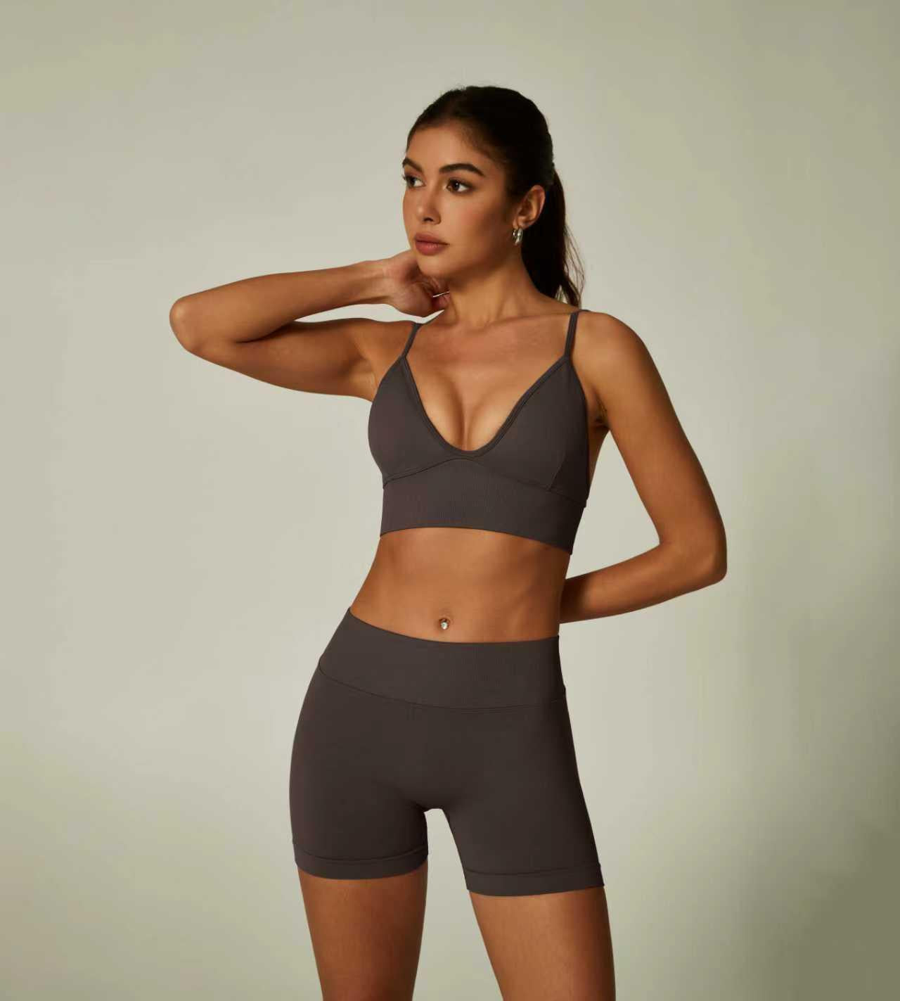 Lila Zen V Lila Zen Seamless Ribbed Sexy Deep V Sports Bra and Shorts Yoga Set