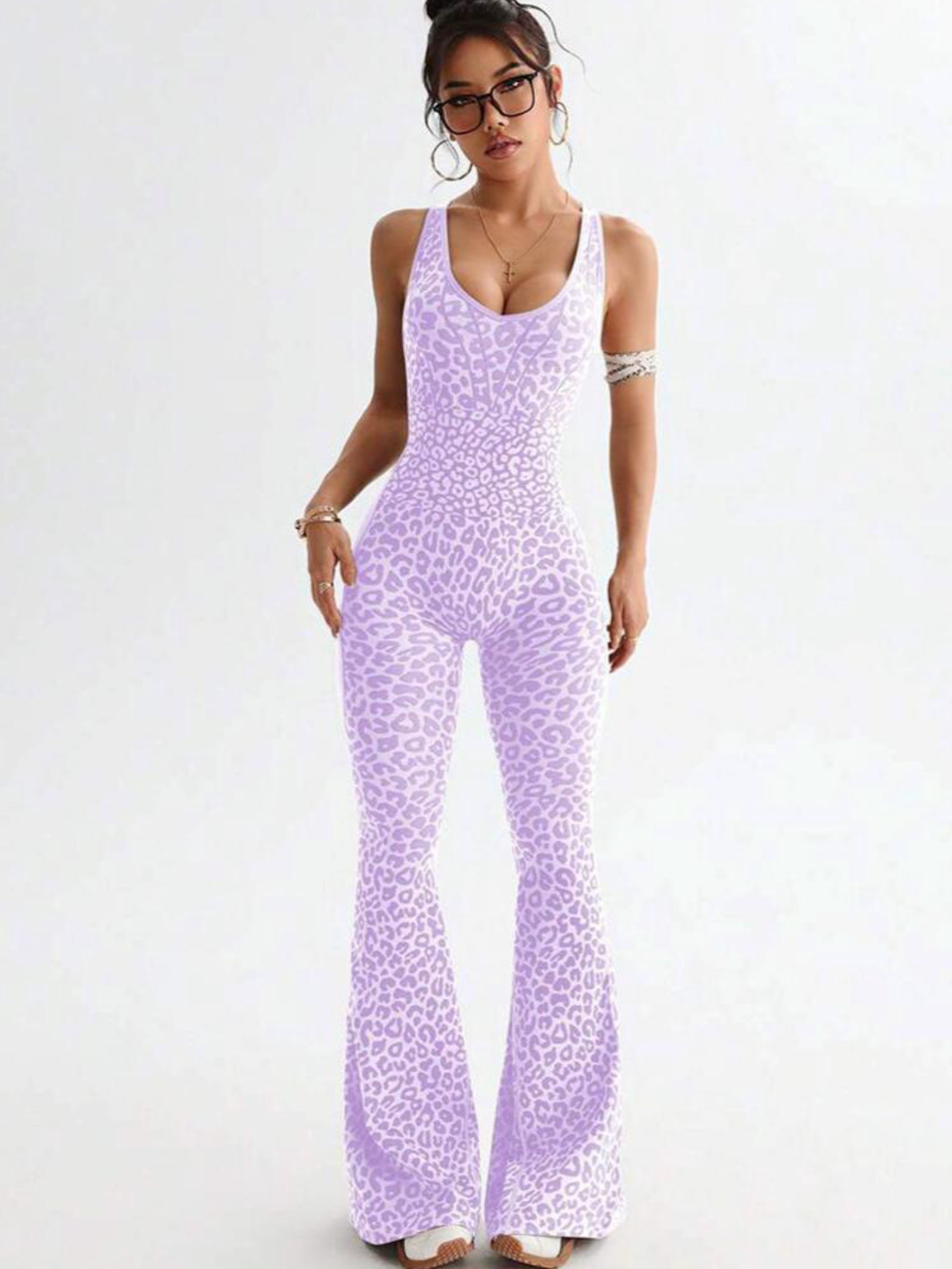 Lila Zen Leopard Print Crossback Flared Yoga Jumpsuit