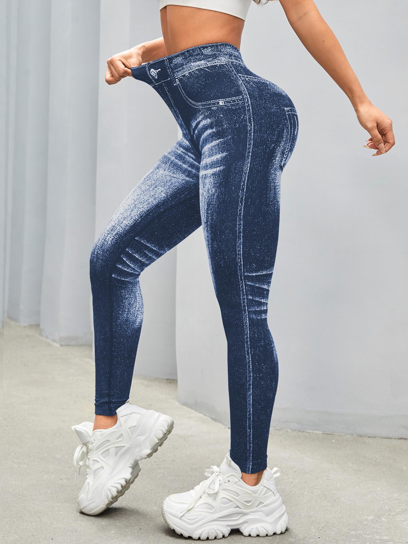 Lila Zen V Lila Zen Women's Faux Denim Seamless V-Waist Lifting and Quick-Drying Yoga Pants