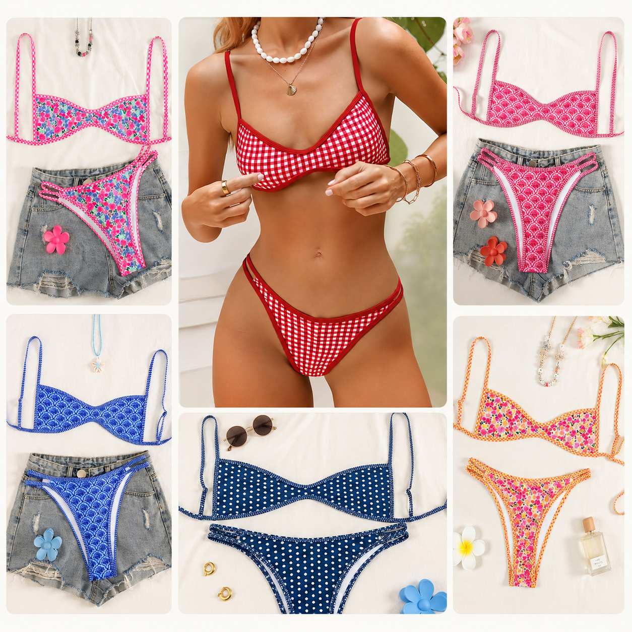 Lila Zen Vintage Print Scoop-Neck Double-Strap Bikini Set