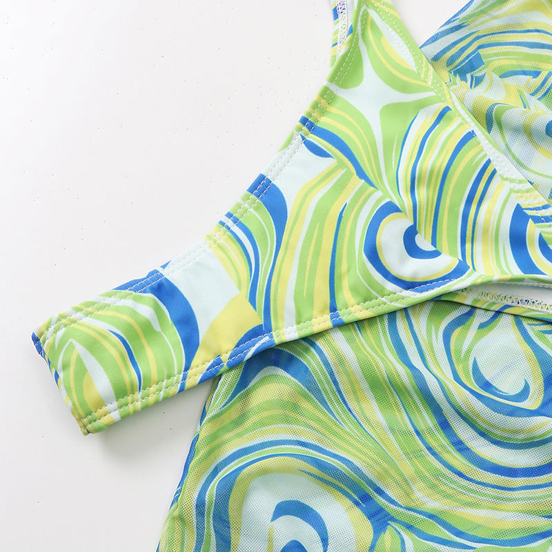 Swirl-Print Triangle Bikini & Ruched Mesh Skirt Set