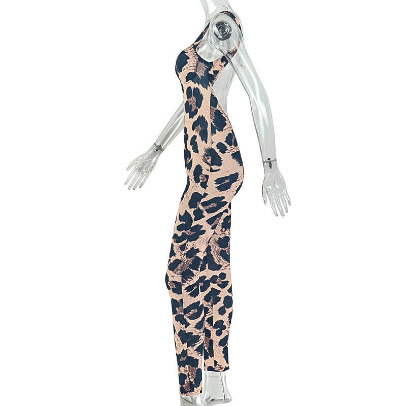 Leopard Print Cut-Out Halter Jumpsuit with Bow Detail