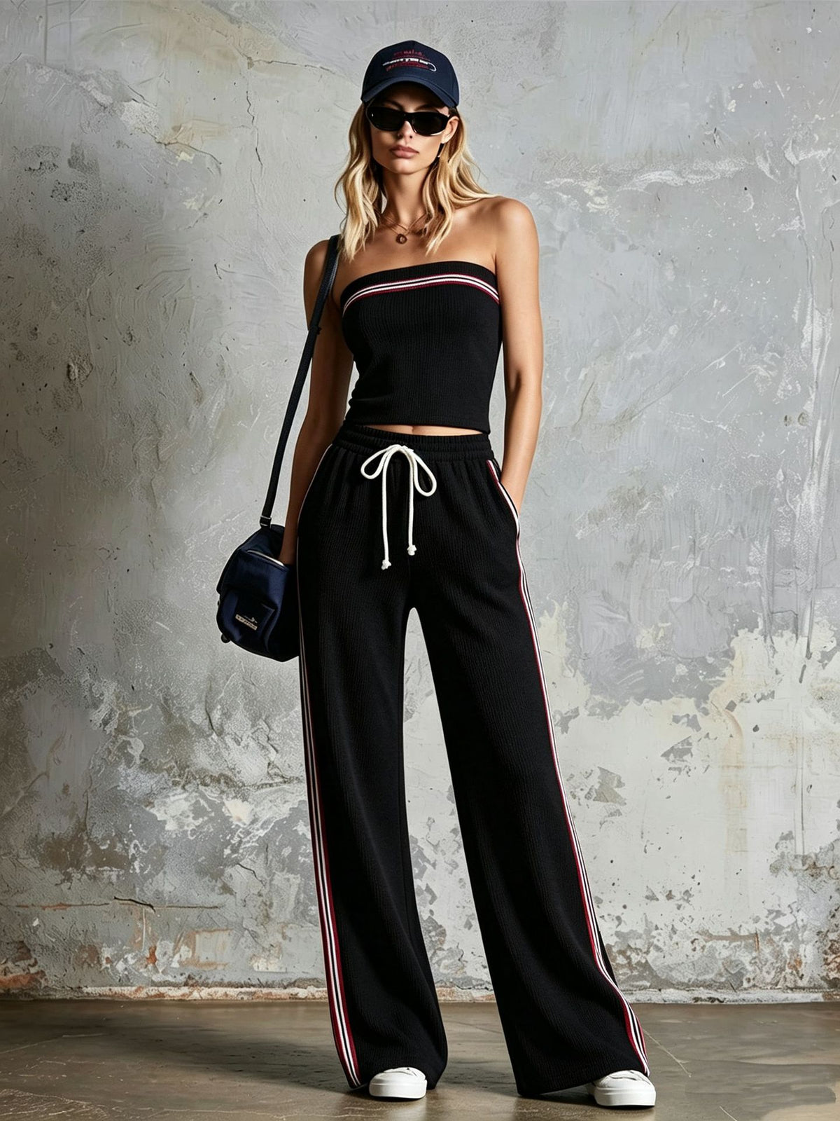 Retro-Sporty Striped-Trim Navy Cotton Off-Shoulder Jumpsuit