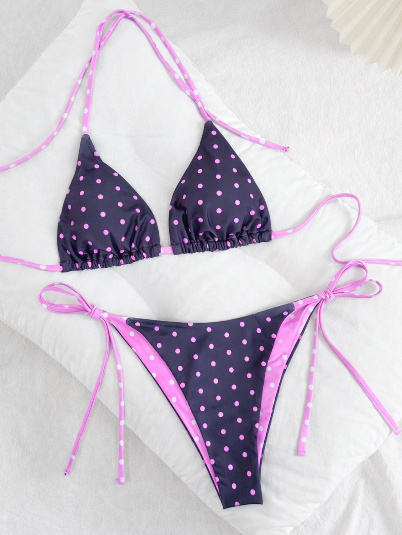 Lila Zen Retro Polka Dot Triangle String Bikini Set