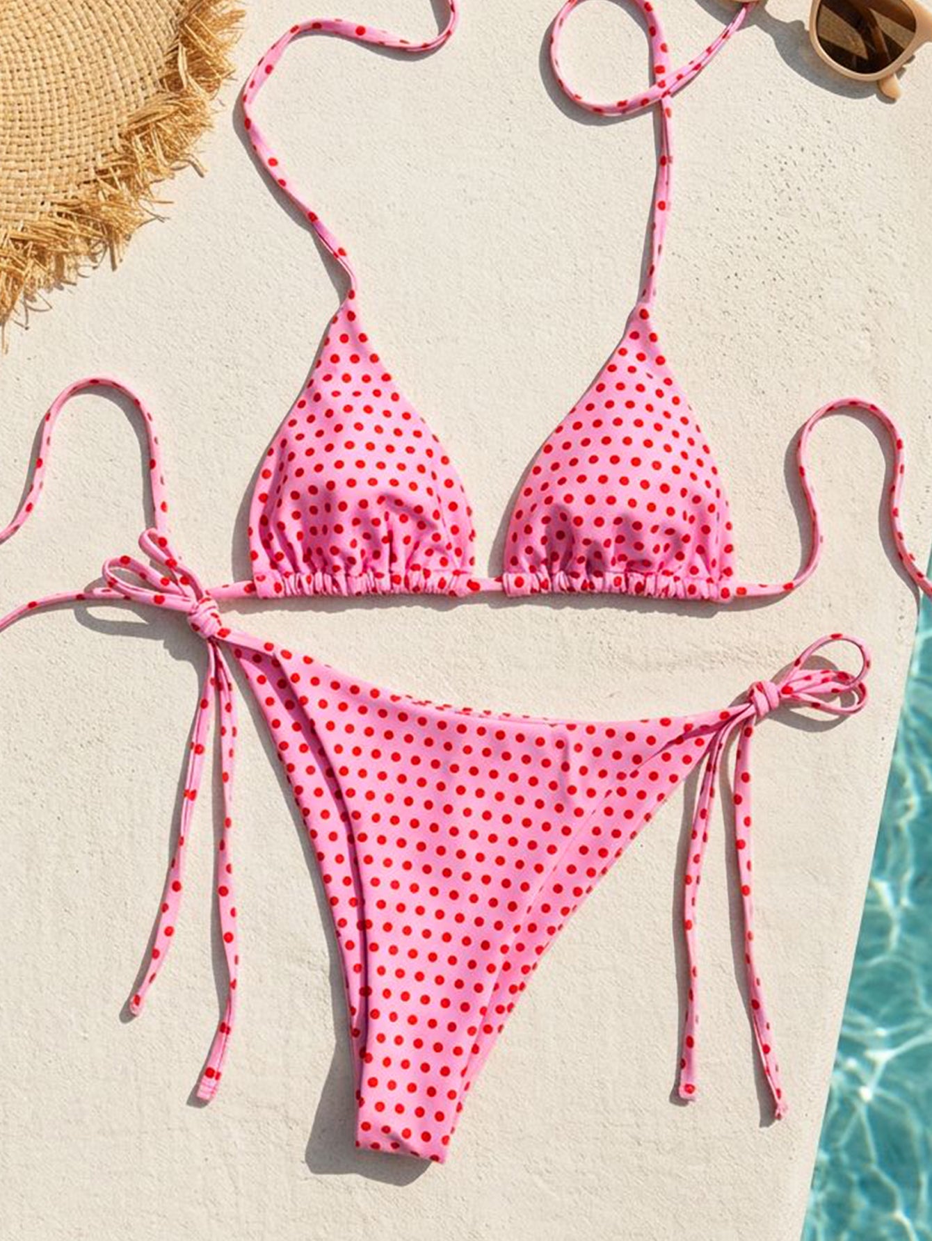 Lila Zen Retro Polka Dot Triangle String Bikini Set