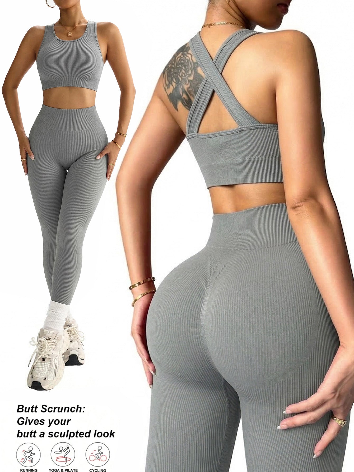 Lila Zen Cross-Back Seamless Crop Top & Scrunch Leggings Set