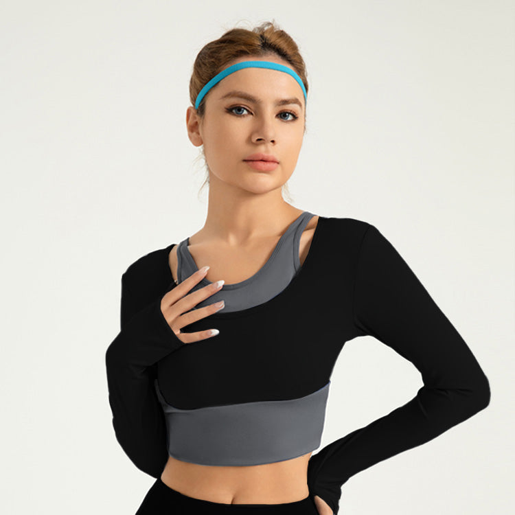 Lila Zen Shockproof Color-Blocked Faux Two-Piece Long-Sleeved Yoga Wear