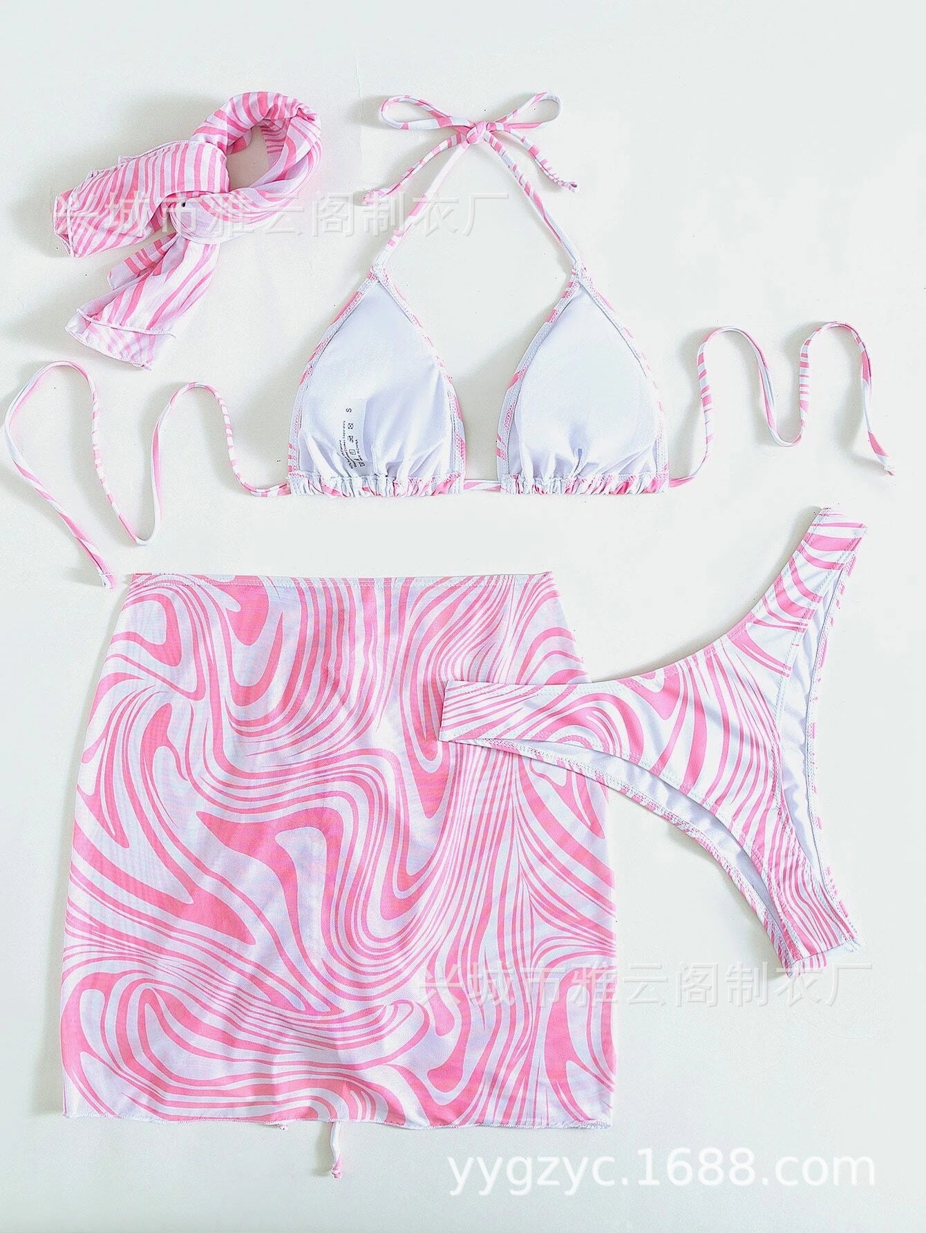 Swirl Print Triangle Bikini & Ruched Mini Skirt Set