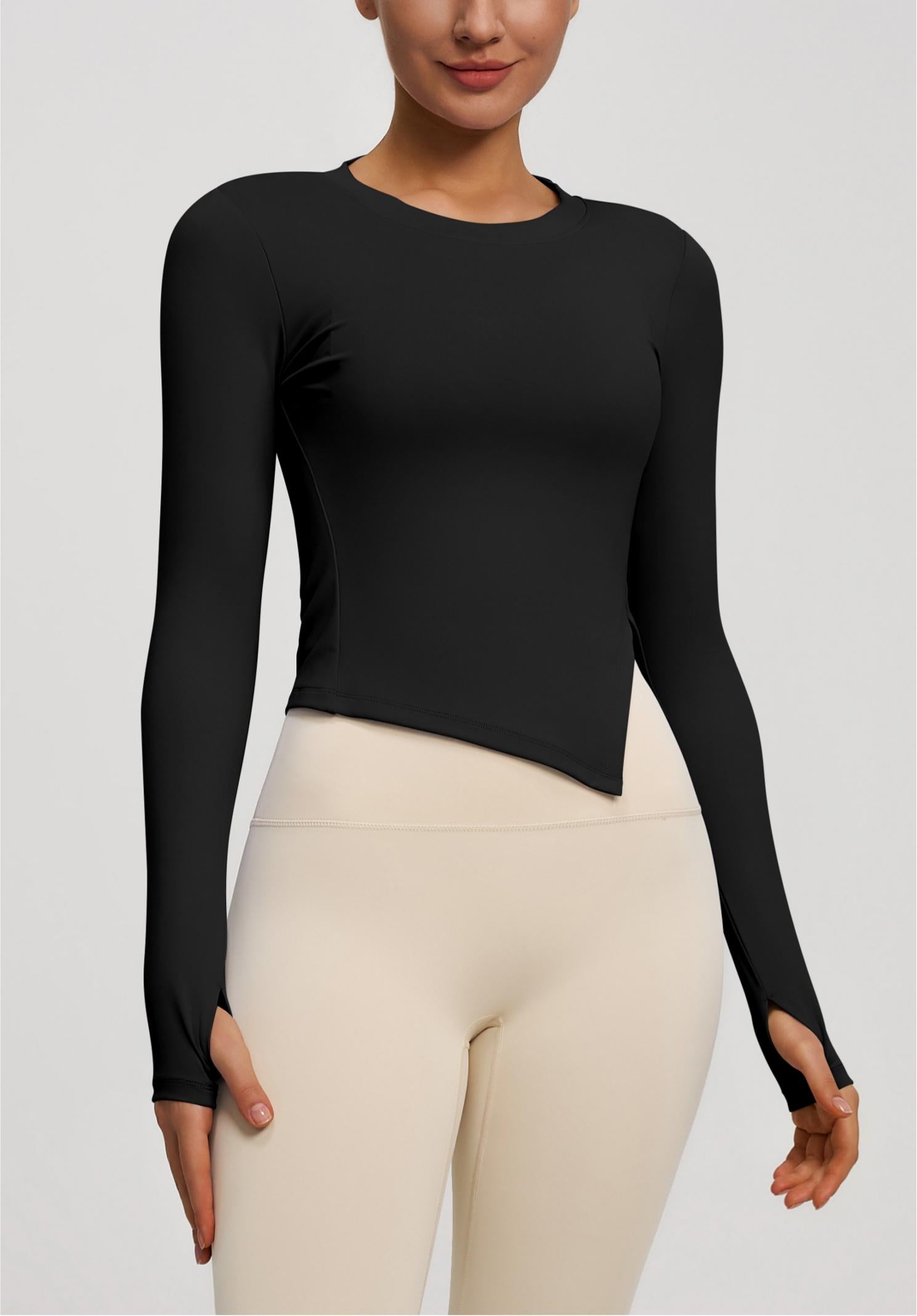 Lila Zen Round Neck Slim Fit Long Sleeve Yoga Top with Slit Hem