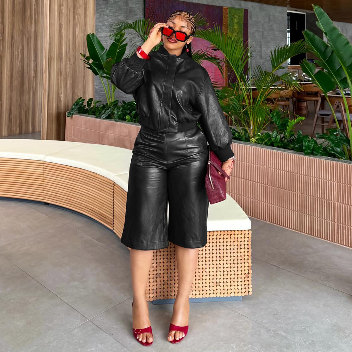 Faux Leather Zip Bomber & Bermuda Shorts Set