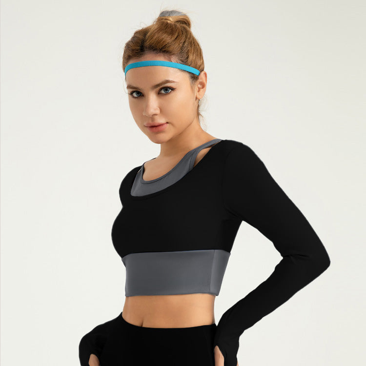 Lila Zen Shockproof Color-Blocked Faux Two-Piece Long-Sleeved Yoga Wear