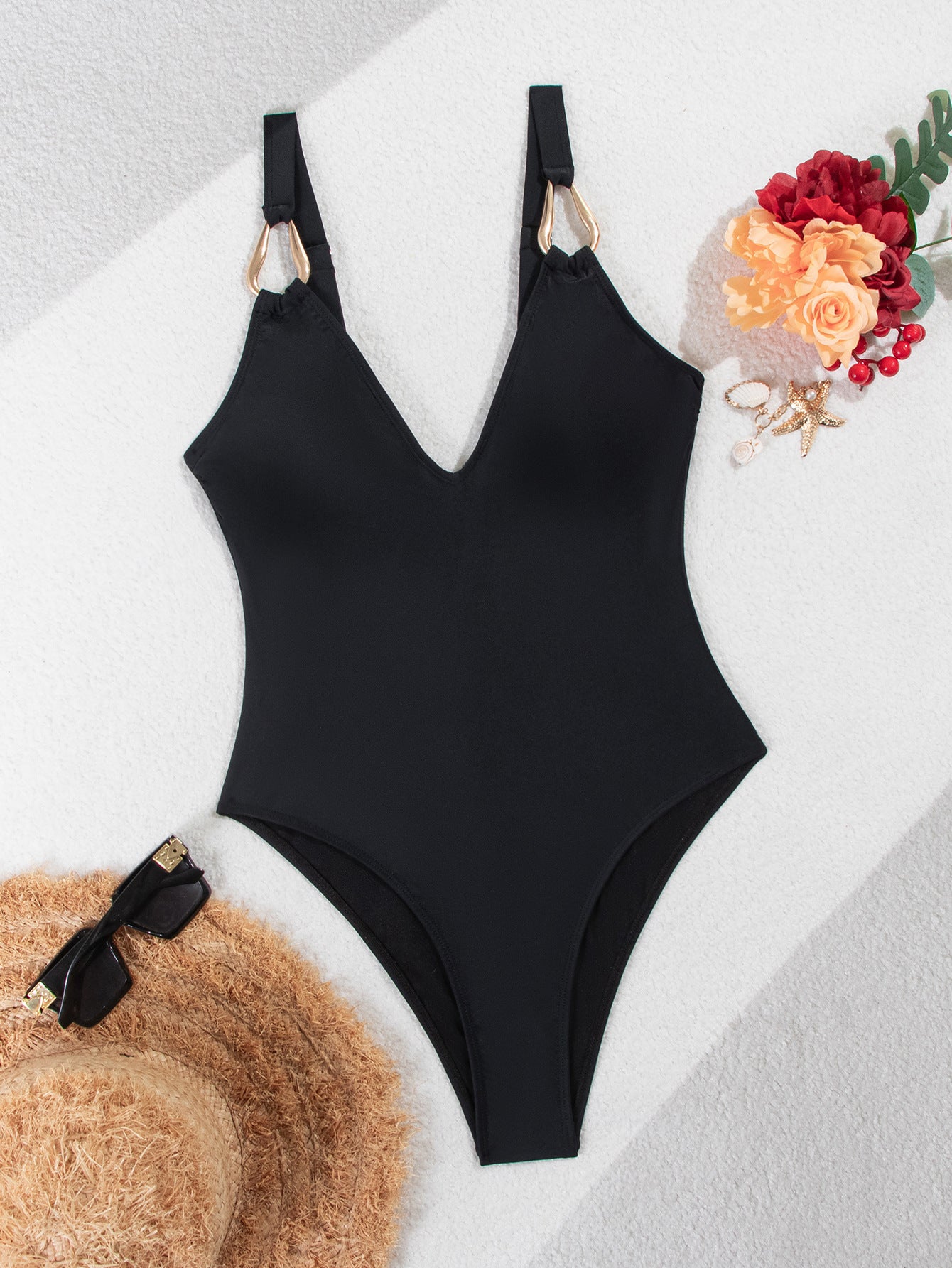 Deep V Ring Strap One-Piece Swimsuit