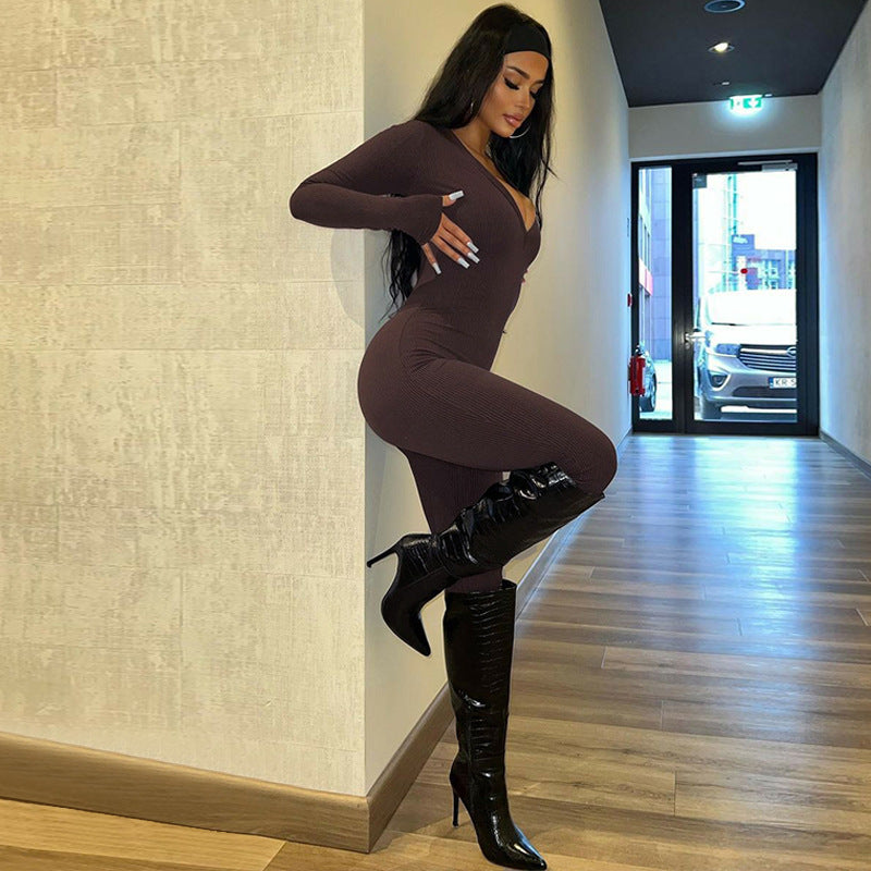 Casual Ribbed Deep V-Neck Long Sleeve Skinny Jumpsuit