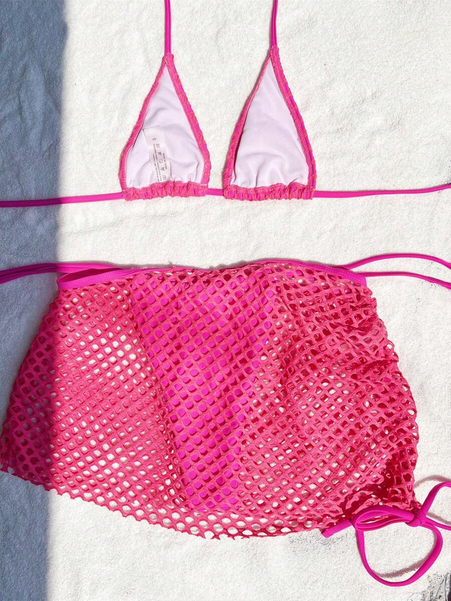 Lila Zen Crochet Triangle Bikini Set with Side-Tie Mesh Skirt
