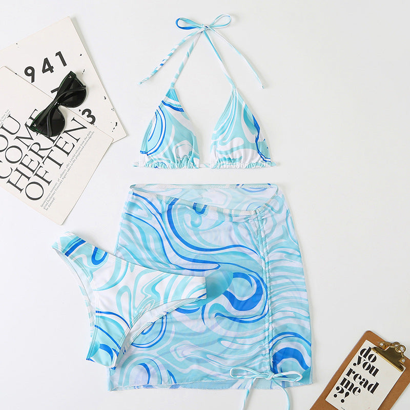 Swirl-Print Triangle Bikini & Ruched Mesh Skirt Set
