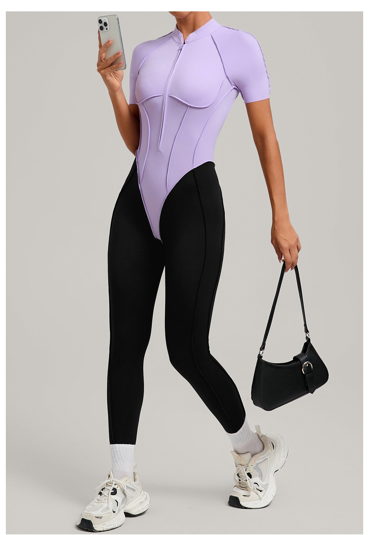 Lila Zen Zip Front Colorblock Backless Active Jumpsuit