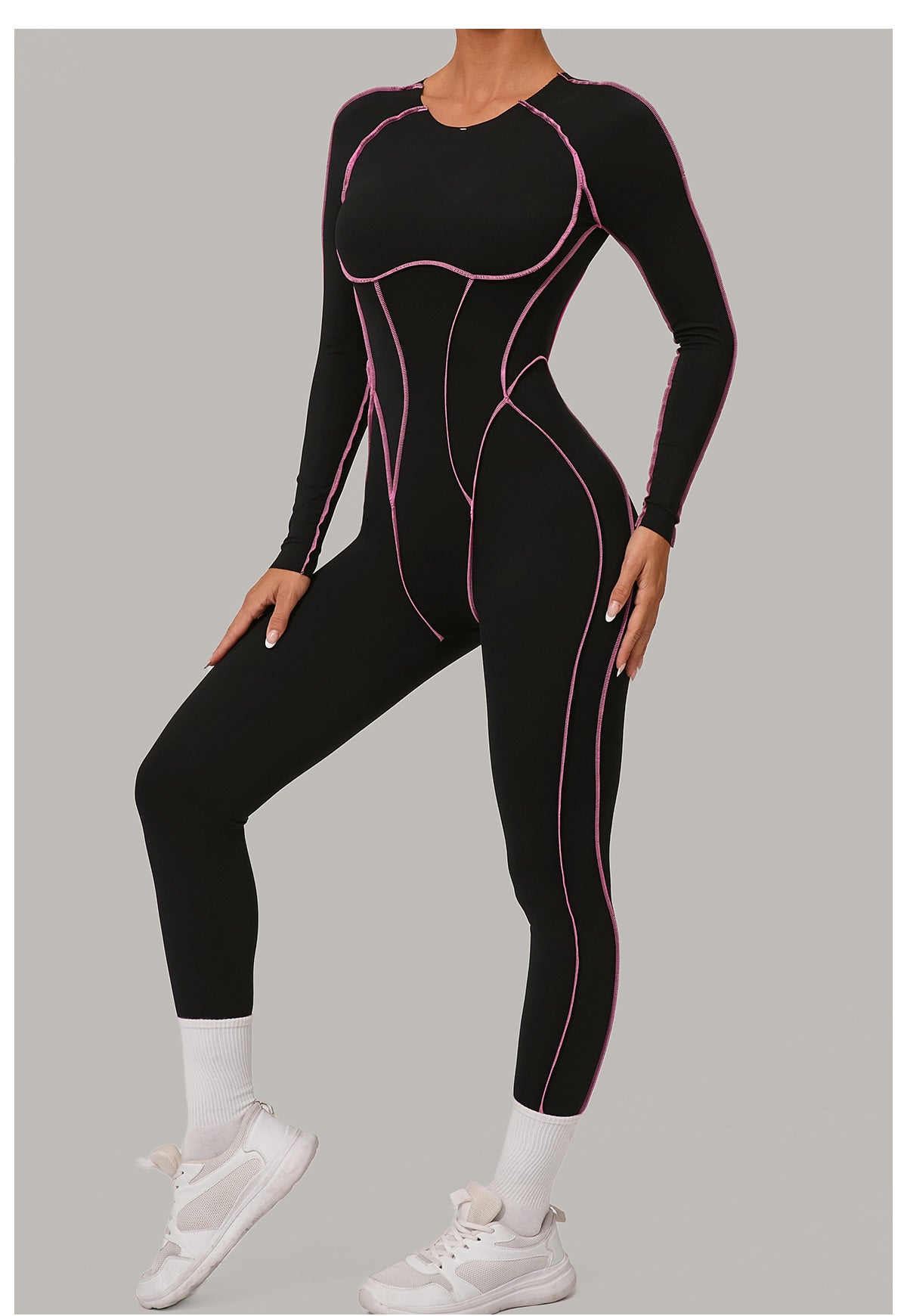 Contrast Seam Open Back Long Sleeve Jumpsuit
