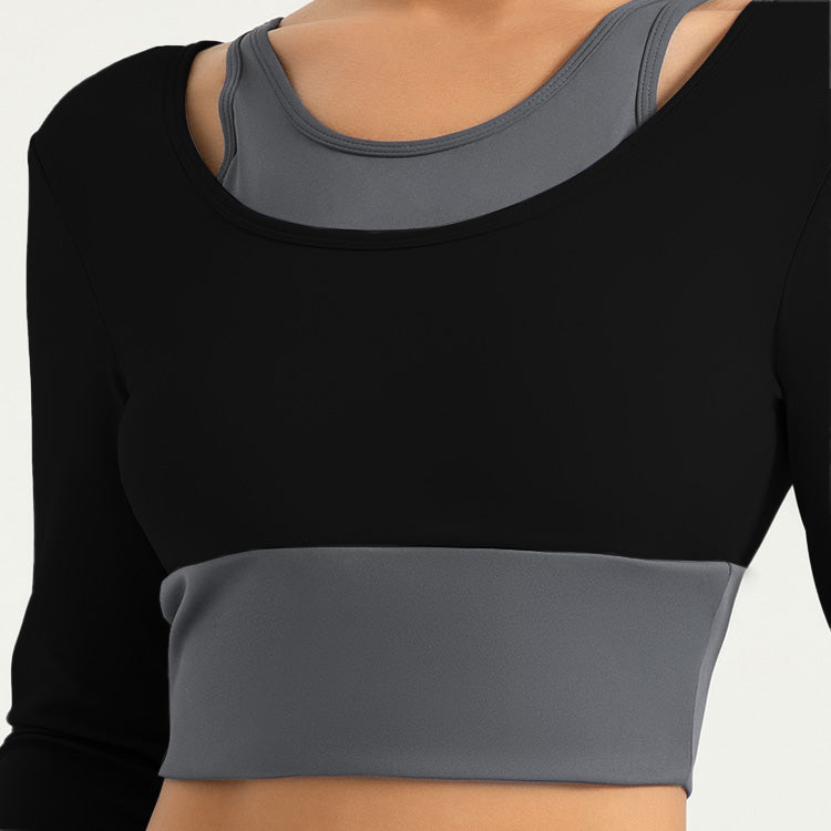 Lila Zen Shockproof Color-Blocked Faux Two-Piece Long-Sleeved Yoga Wear