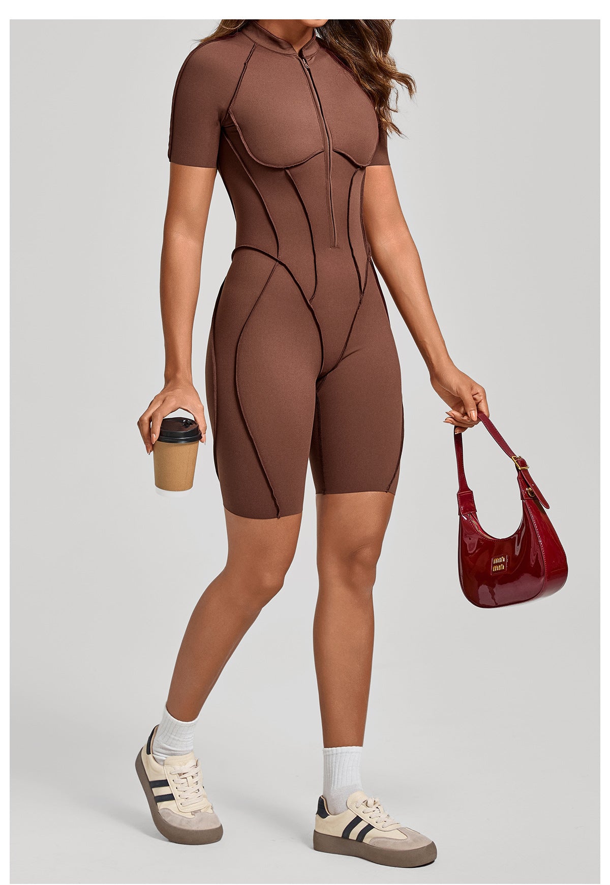 Zip Front Open Back Sculpt Seam Short Romper