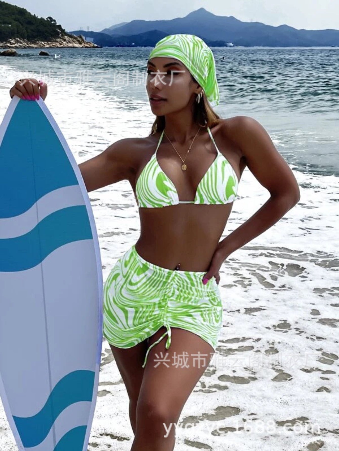 Swirl Print Triangle Bikini & Ruched Mini Skirt Set