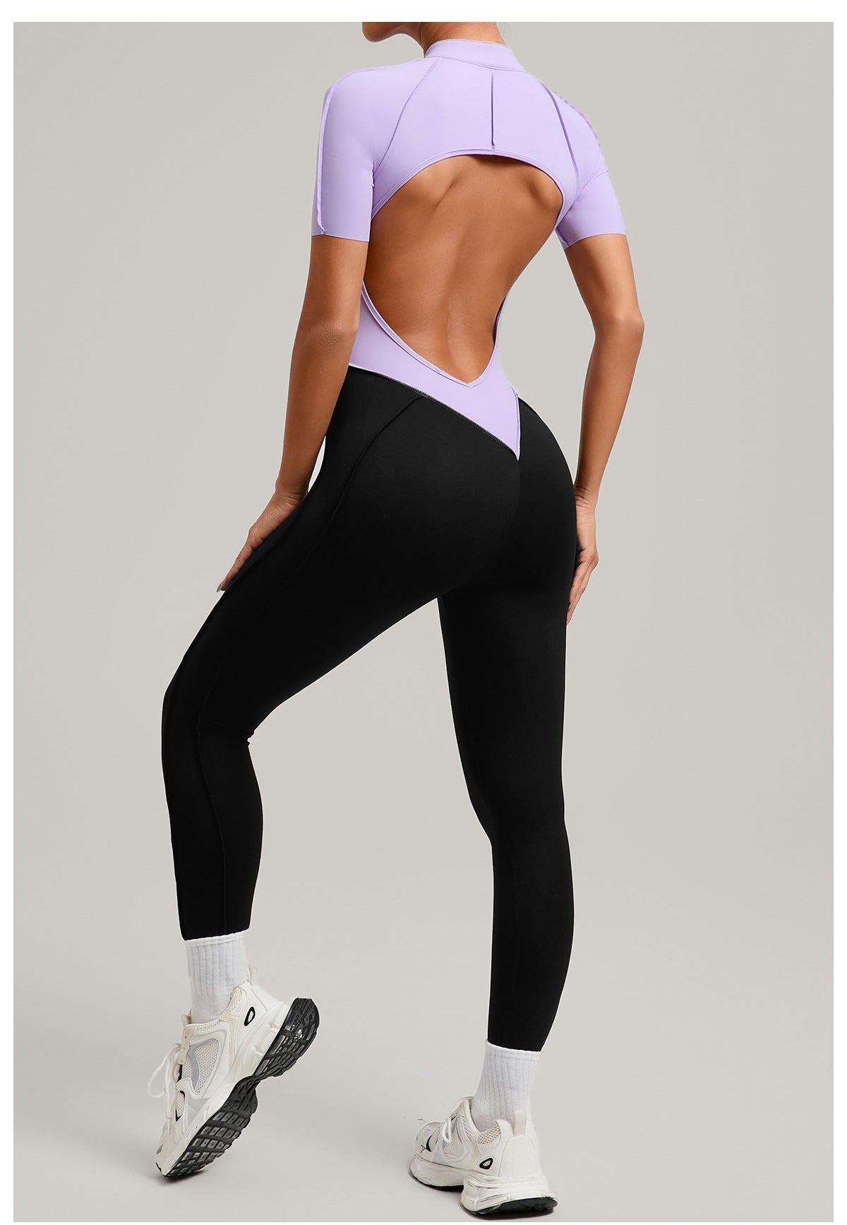 Lila Zen Zip Front Colorblock Backless Active Jumpsuit