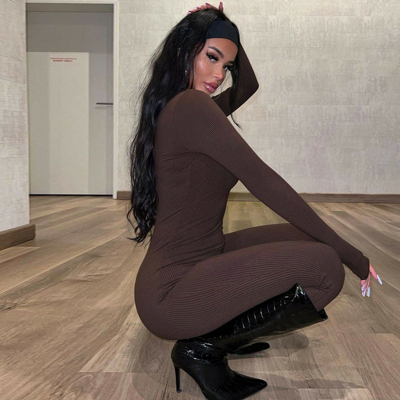 Casual Ribbed Deep V-Neck Long Sleeve Skinny Jumpsuit