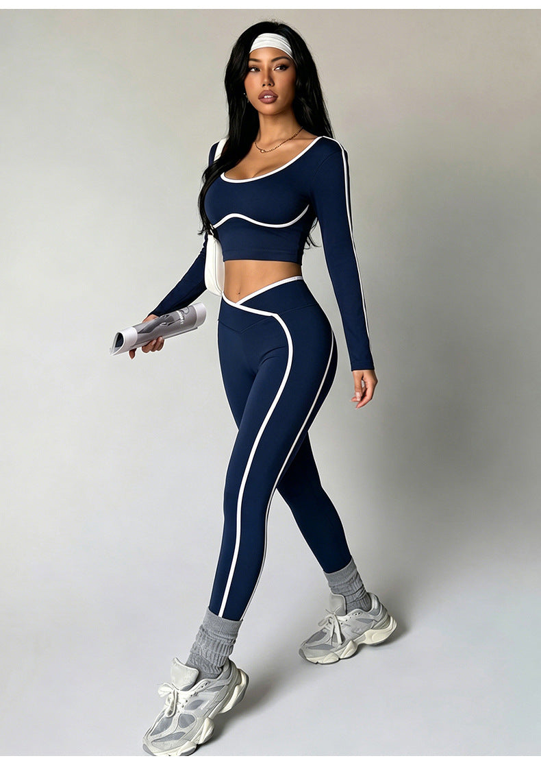 Lila Zen White-Trim Open Back Long Sleeve Yoga Set