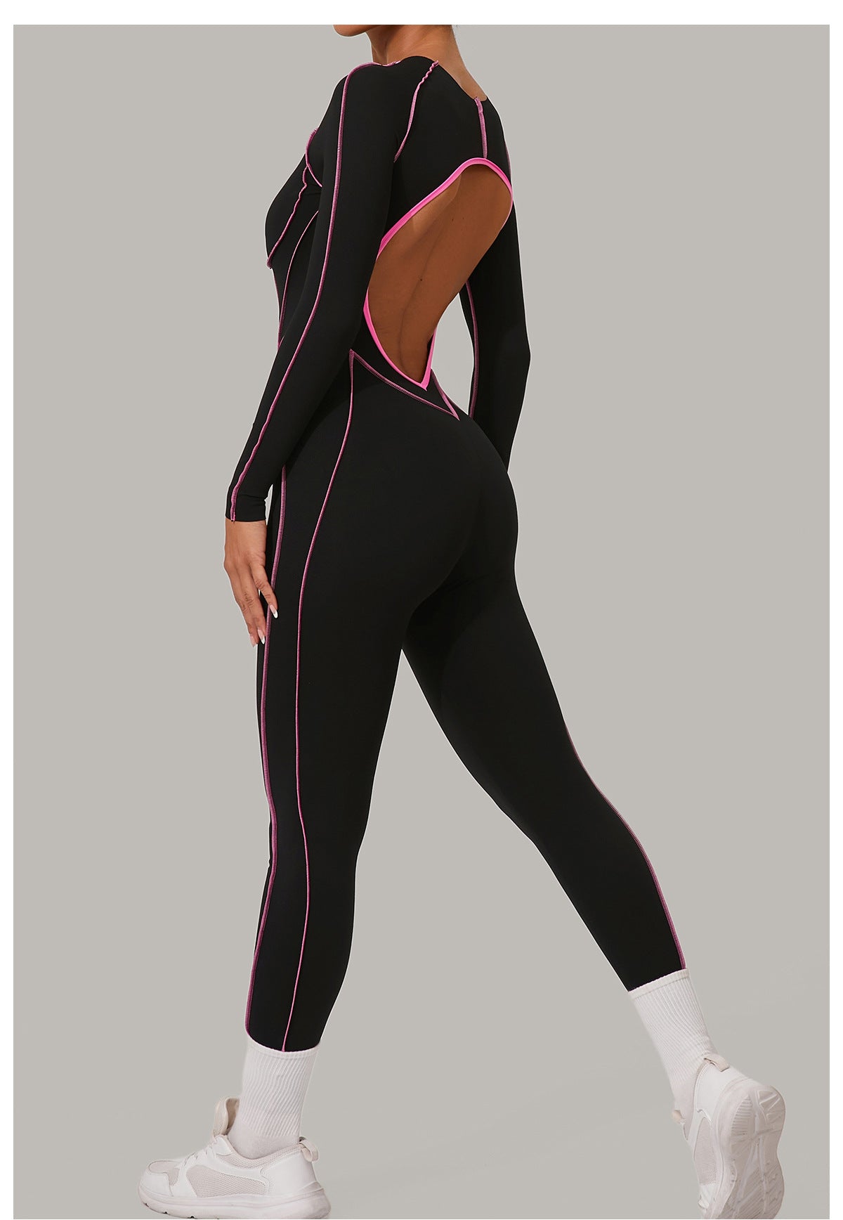 Contrast Seam Open Back Long Sleeve Jumpsuit