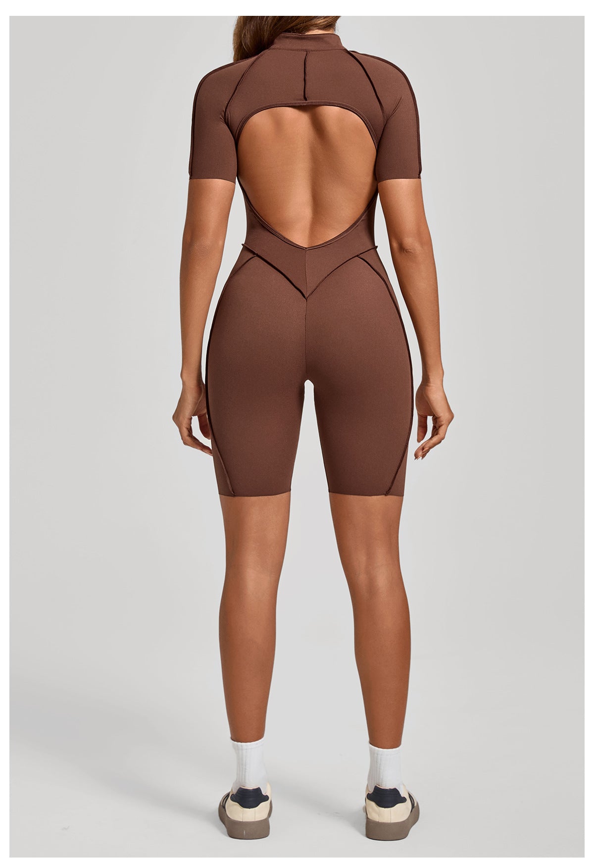 Zip Front Open Back Sculpt Seam Short Romper