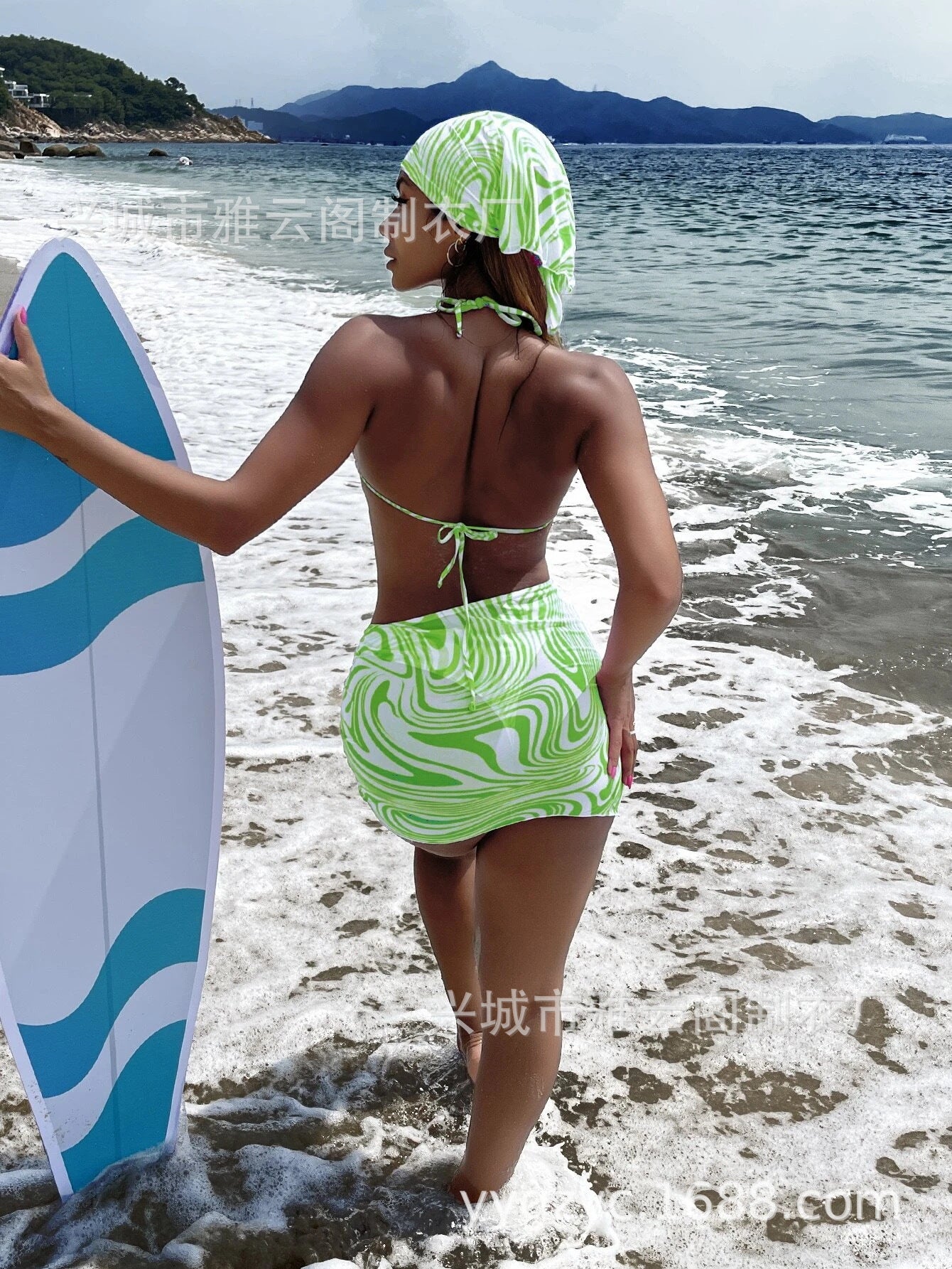 Swirl Print Triangle Bikini & Ruched Mini Skirt Set