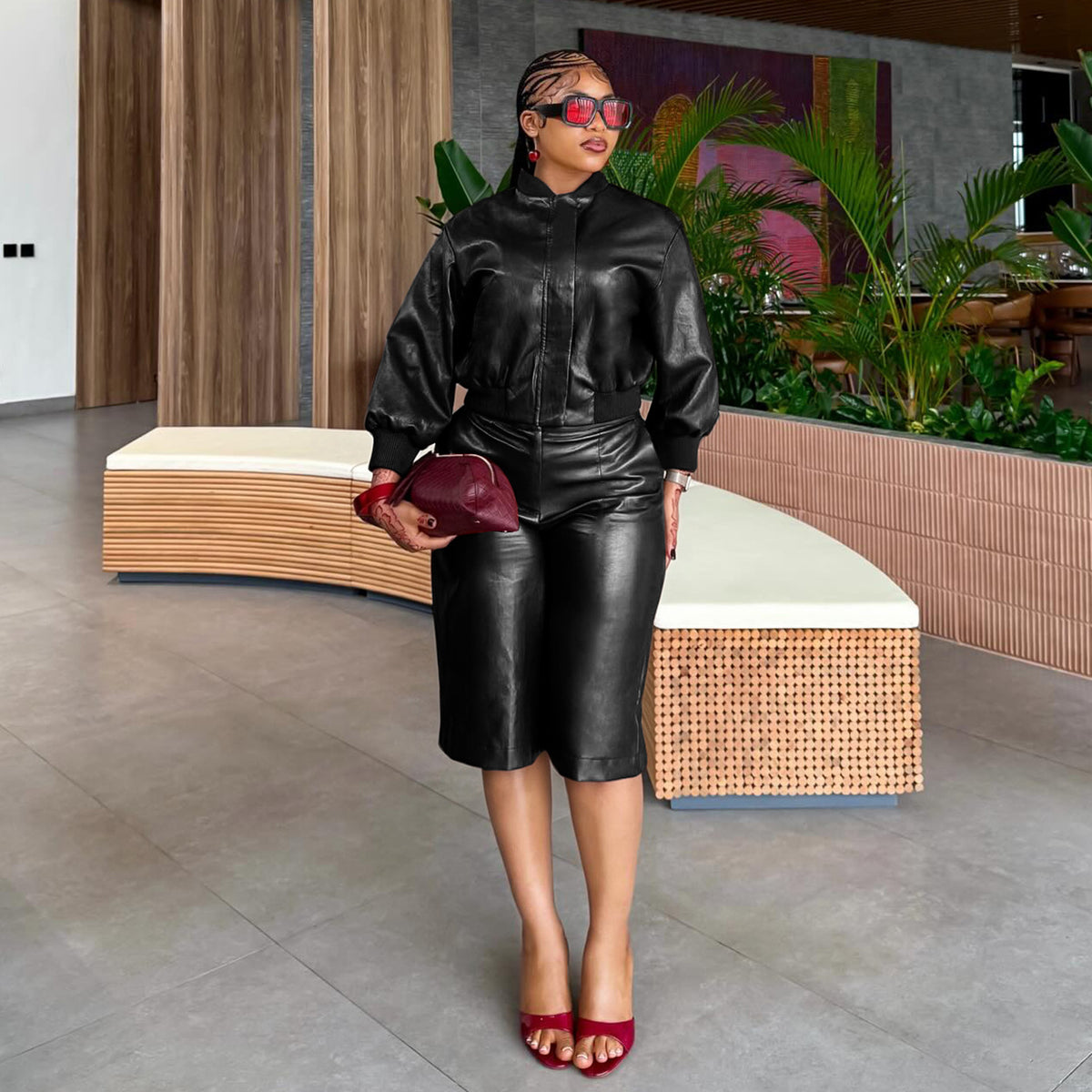 Faux Leather Zip Bomber & Bermuda Shorts Set