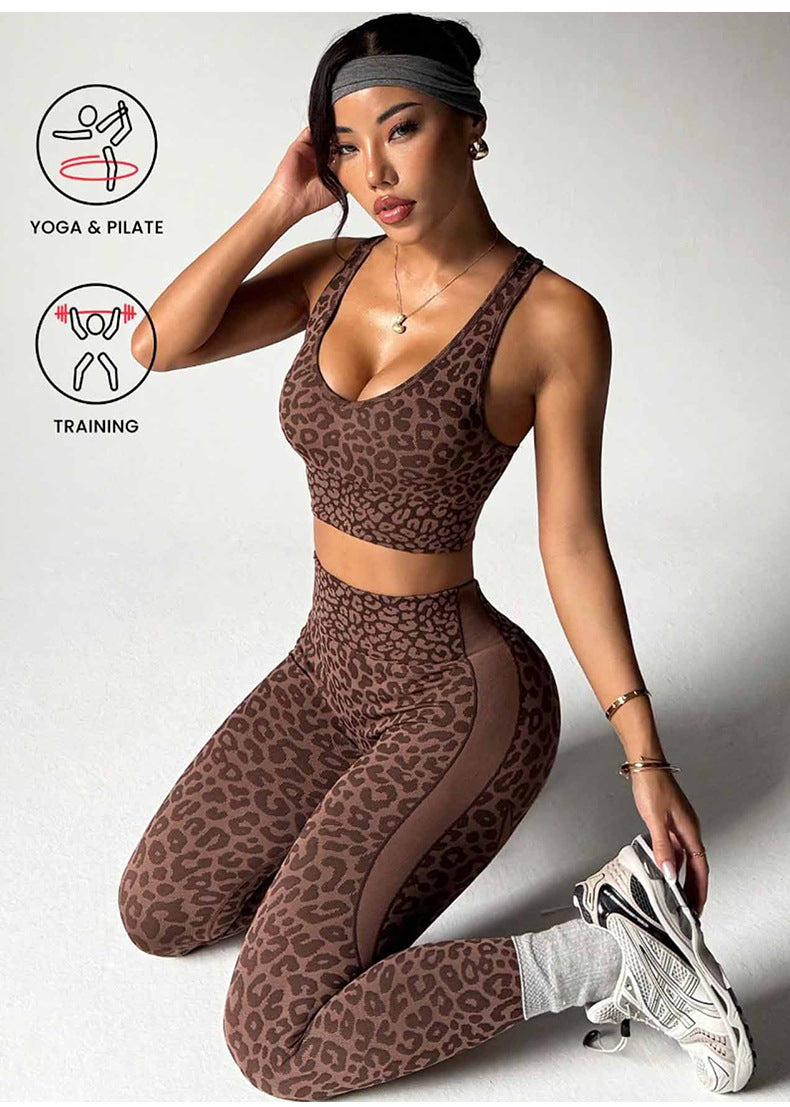 Lila Zen Coffee Leopard Cross-Back Sports Bra & High-Waist Leggings Set