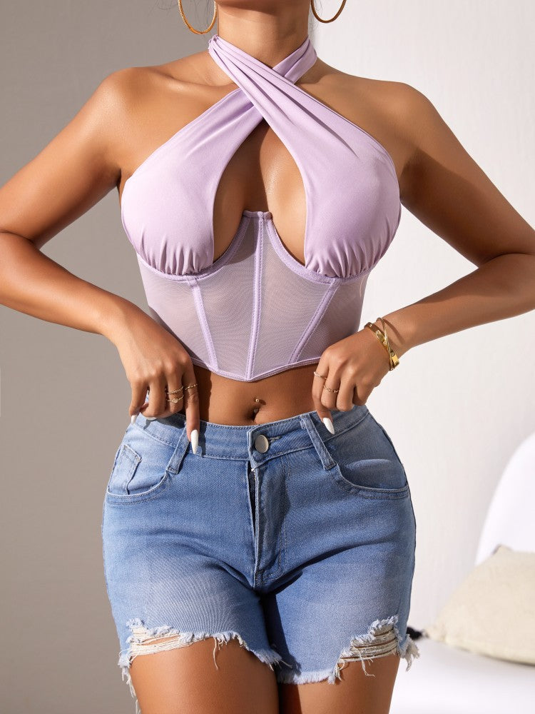 Cross-Halter Plunge Mesh Corset Crop Top