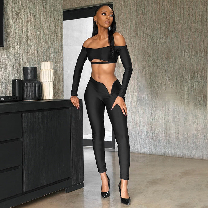 Off-Shoulder Cutout Crop Top & V-Waist Pants Set