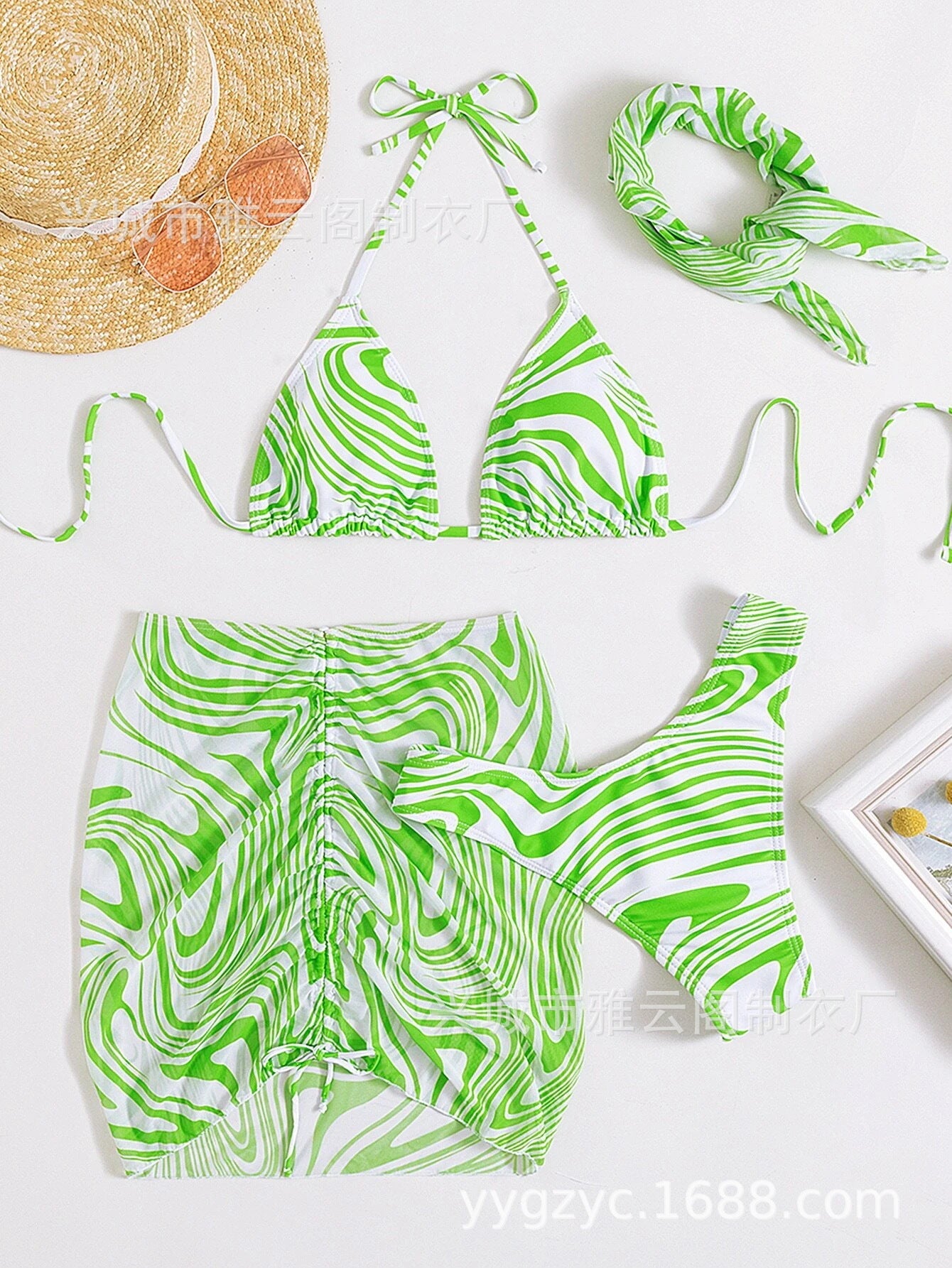 Swirl Print Triangle Bikini & Ruched Mini Skirt Set