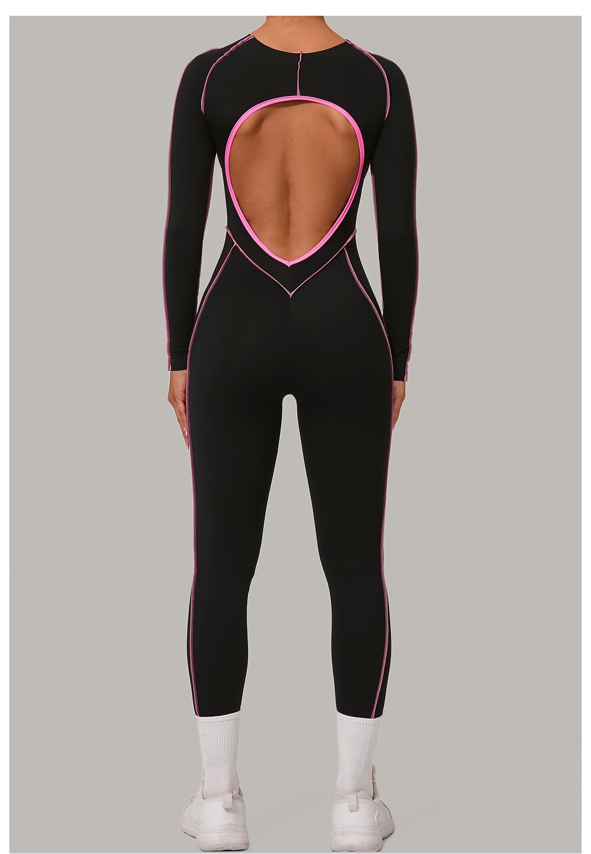 Contrast Seam Open Back Long Sleeve Jumpsuit